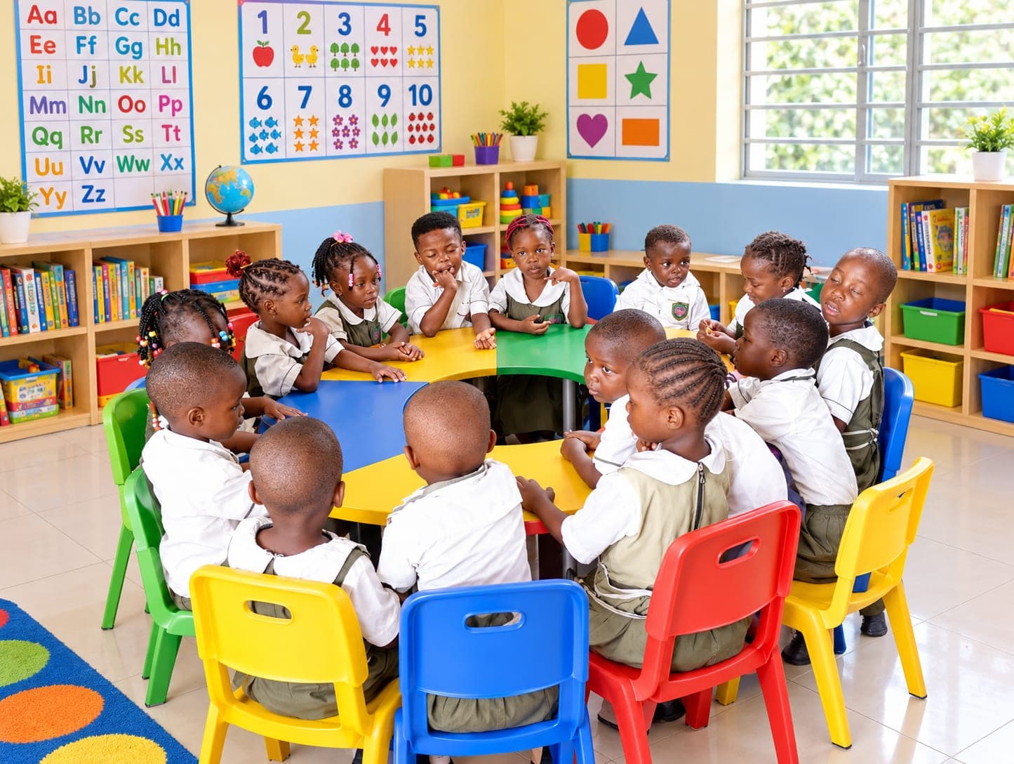 Nursery pupils seated around a colourful table in a bright Early Years classroom