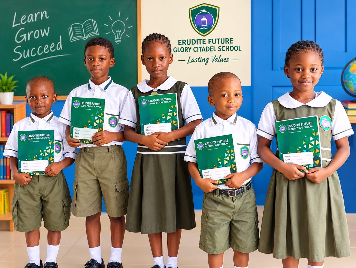 Smiling EFGC pupils in school uniform holding their exercise books in front of the school crest