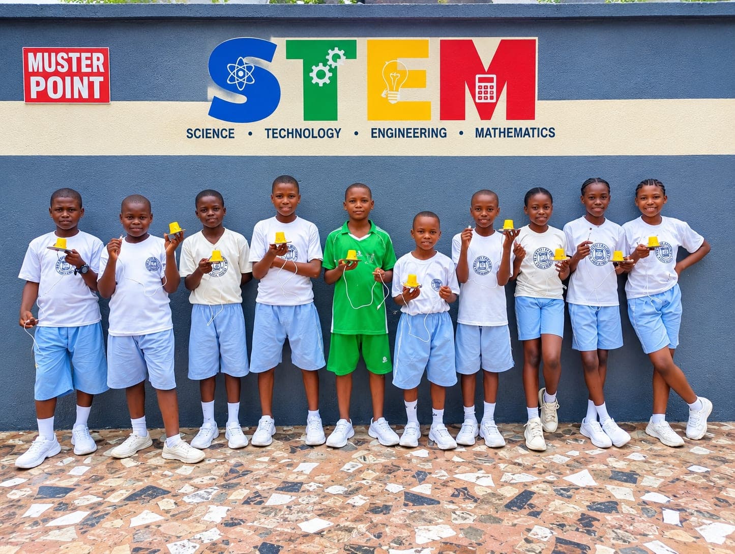 EFGC pupils holding the electronic circuit projects they built, in front of the school STEM mural