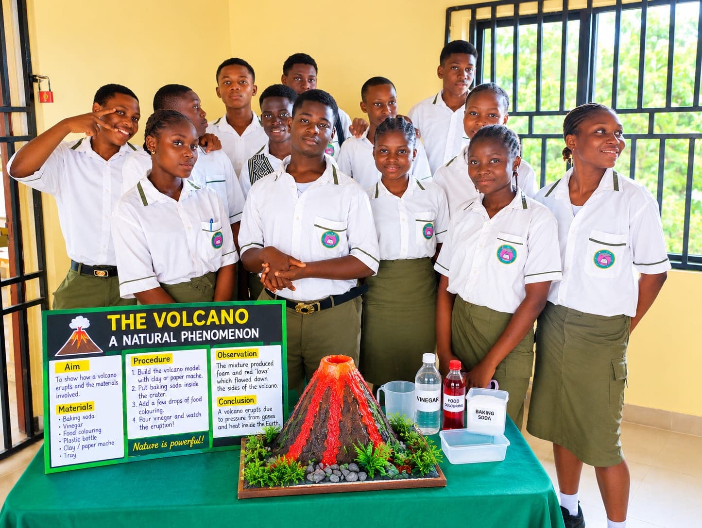 Senior secondary students presenting their volcano science experiment and project board