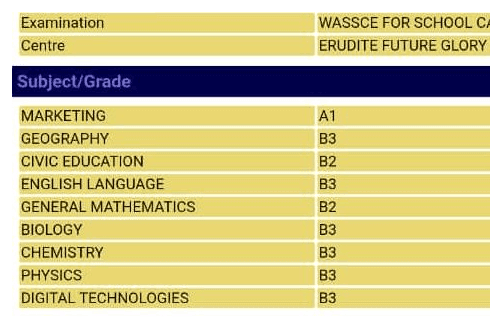 WASSCE for School Candidates 2026 result slip 1: Marketing A1, Geography B3, Civic Education B2, English Language B3, General Mathematics B2, Biology B3, Chemistry B3, Physics B3, Digital Technologies B3