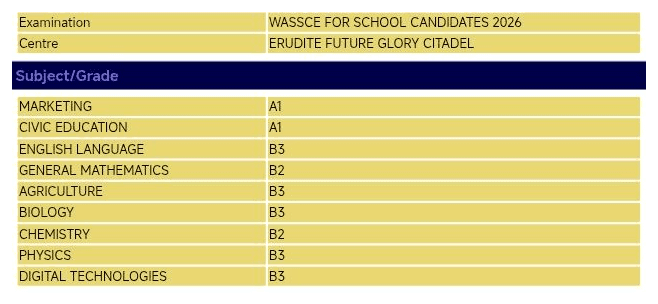 WASSCE for School Candidates 2026 result slip 3: Marketing A1, Civic Education A1, English Language B3, General Mathematics B2, Agriculture B3, Biology B3, Chemistry B2, Physics B3, Digital Technologies B3