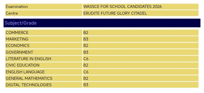 WASSCE for School Candidates 2026 result slip 7: Commerce B2, Marketing B3, Economics B2, Government B3, Literature in English C6, Civic Education B2, English Language C6, General Mathematics B2, Digital Technologies B3