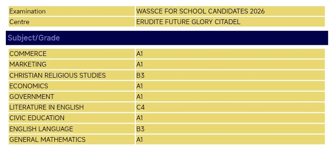 WASSCE for School Candidates 2026 result slip 13: Commerce A1, Marketing A1, Christian Religious Studies B3, Economics A1, Government A1, Literature in English C4, Civic Education A1, English Language B3, General Mathematics A1