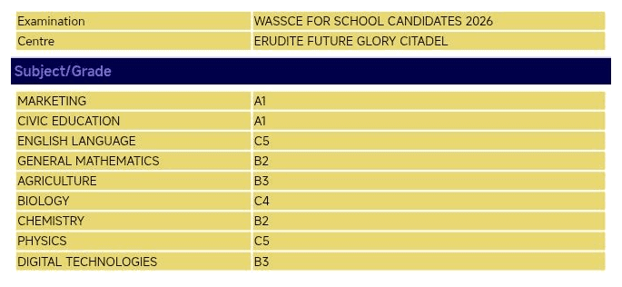 WASSCE for School Candidates 2026 result slip 14: Marketing A1, Civic Education A1, English Language C5, General Mathematics B2, Agriculture B3, Biology C4, Chemistry B2, Physics C5, Digital Technologies B3